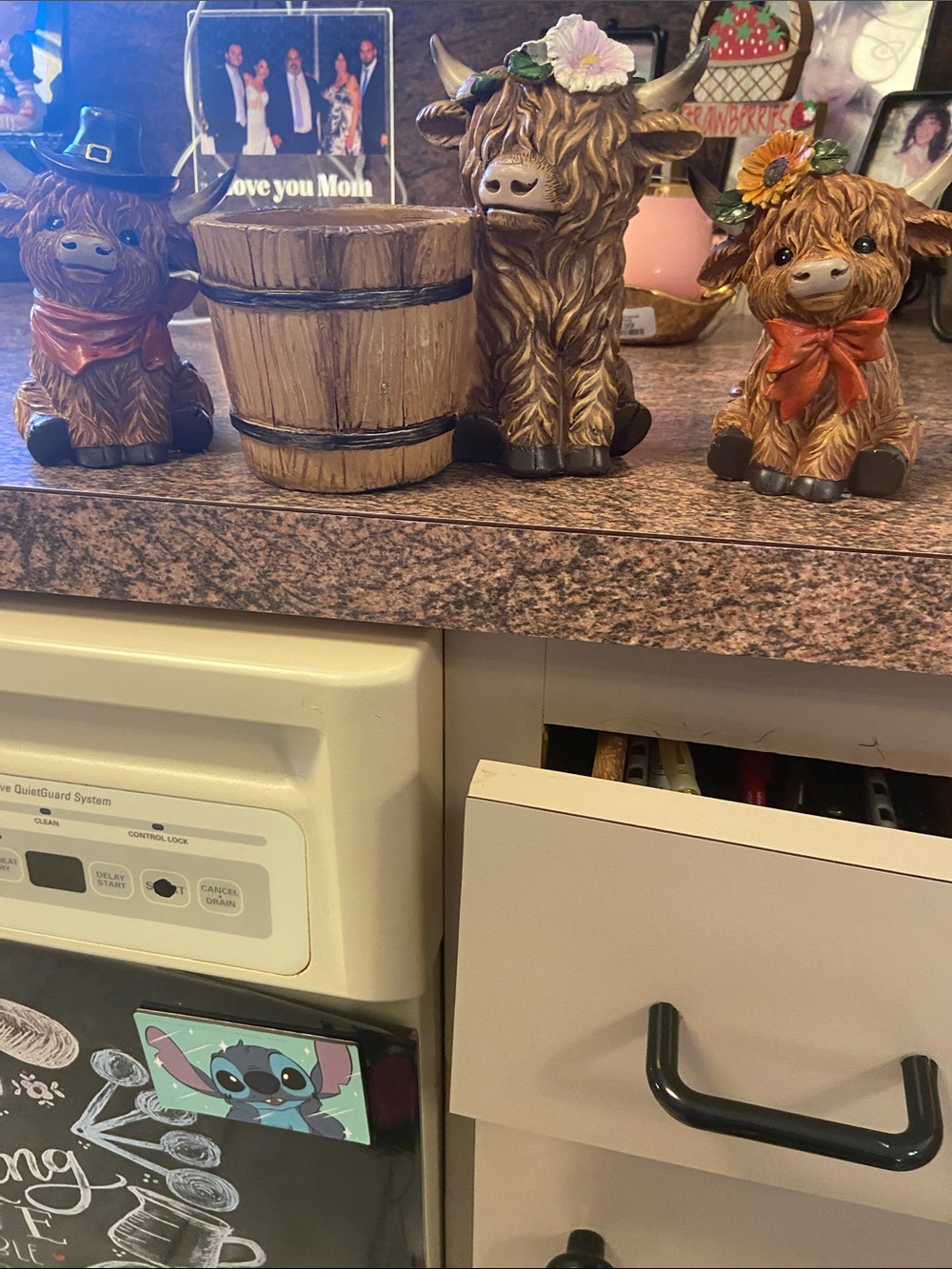 Set of 3 Rustic Highland Cow Figurines with Wooden Planter - Brown